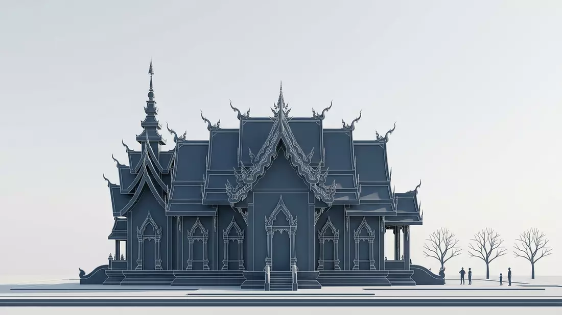 Architektur-Render von Blauer Tempel Chiang Rai in Chiang Rai, Thailand bei Tageslicht