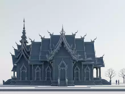 Moderner Architektur-Render zeigt Silhouette von Blauer Tempel Chiang Rai in Chiang Rai Thailand, klare Linien - Foto: THN
