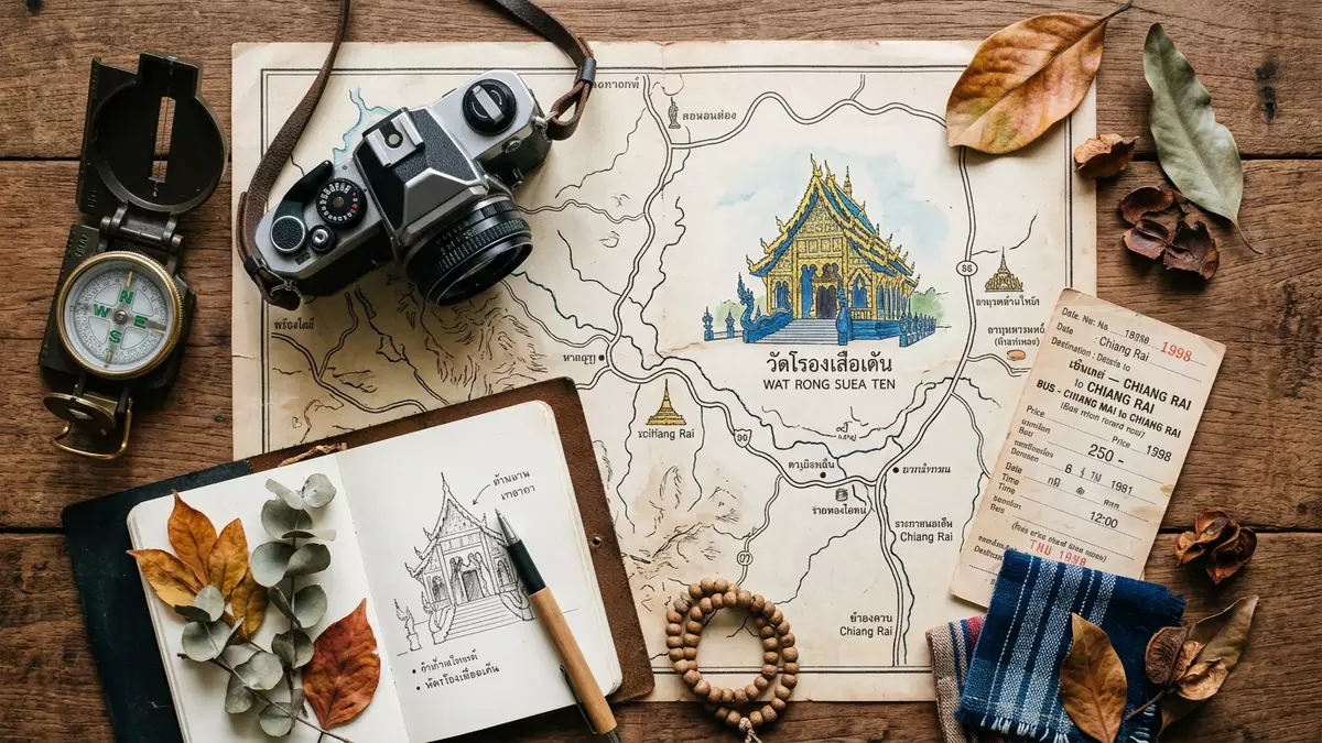 Flatlay-Reise-Arrangement rund um Blauer Tempel Chiang Rai in Chiang Rai, Thailand
