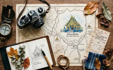 Flatlay-Reise-Arrangement rund um Blauer Tempel Chiang Rai in Chiang Rai Thailand, Karte Kompass Kamera und - Foto: THN