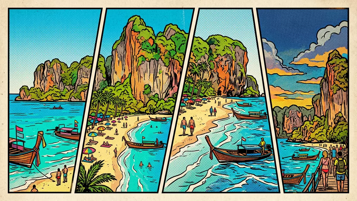 Pop-Art-Comic von Railay Beach in Krabi, Thailand mit Rasterpunkten