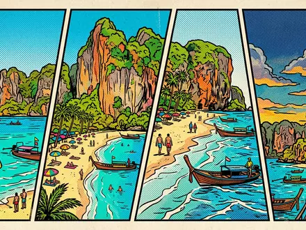 Pop-Art-Comicillustration des Wahrzeichens Railay Beach in Krabi Thailand, kraeftige Konturen Rasterpunkte und satte Farben - Foto: THN