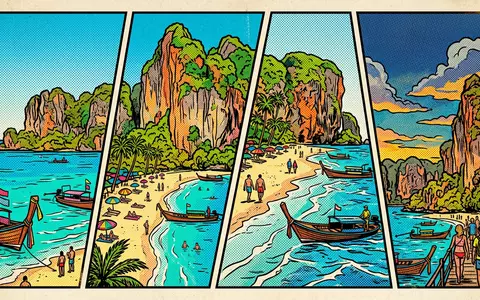 Pop-Art-Comicillustration des Wahrzeichens Railay Beach in Krabi Thailand, kraeftige Konturen Rasterpunkte und satte Farben - Foto: THN