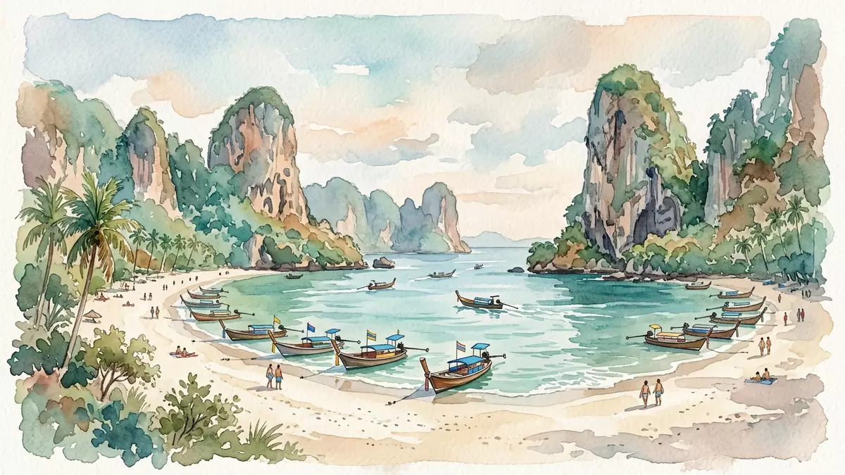 Aquarell-Illustration von Railay Beach in Krabi, Thailand als Reiseposter