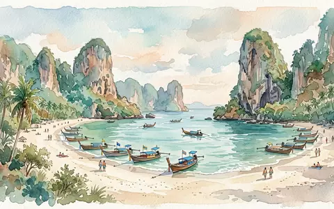 Aquarellillustration des Wahrzeichens Railay Beach in Krabi Thailand, weiche Farbverläufe und pastelliges Reiseposter-Feeling - Foto: THN