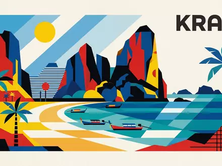 Bauhaus-Poster als geometrische Abstraktion von Railay Beach in Krabi Thailand, kraeftige Grundfarben und harte Formkanten - Foto: THN