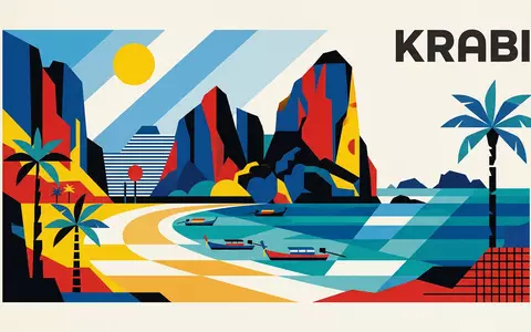 Bauhaus-Poster als geometrische Abstraktion von Railay Beach in Krabi Thailand, kraeftige Grundfarben und harte Formkanten - Foto: THN