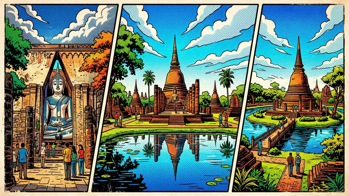 Pop-Art-Comic von Historischer Park Sukhothai in Sukhothai, Thailand mit Rasterpunkten