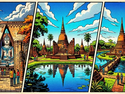 Pop-Art-Comicillustration des Wahrzeichens Historischer Park Sukhothai in Sukhothai Thailand, kraeftige Konturen Rasterpunkte und satte Farben - Foto: THN