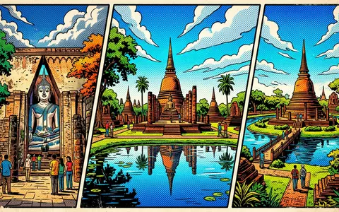Pop-Art-Comicillustration des Wahrzeichens Historischer Park Sukhothai in Sukhothai Thailand, kraeftige Konturen Rasterpunkte und satte Farben - Foto: THN