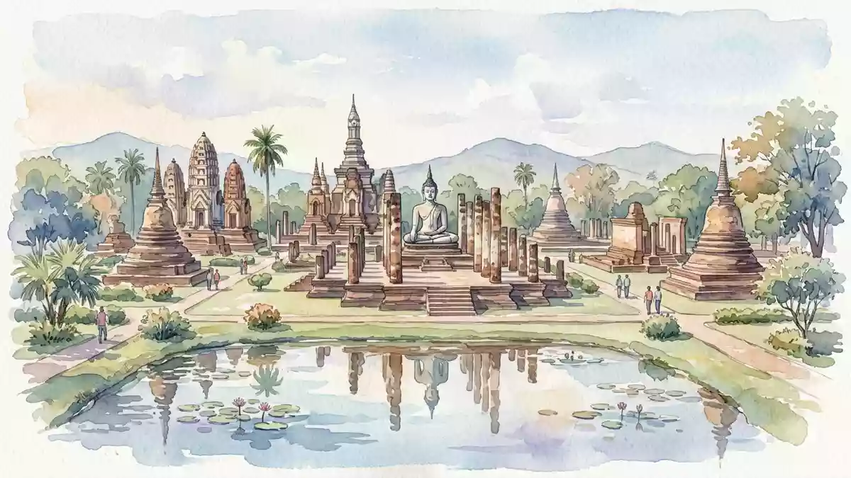 Aquarell-Illustration von Historischer Park Sukhothai in Sukhothai, Thailand als Reiseposter