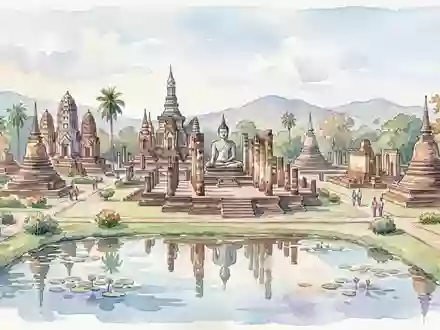 Aquarellillustration des Wahrzeichens Historischer Park Sukhothai in Sukhothai Thailand, weiche Farbverläufe und pastelliges Reiseposter-Feeling - Foto: THN