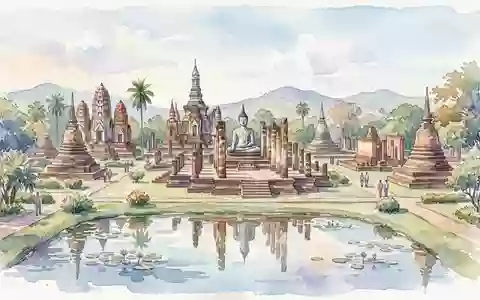 Aquarellillustration des Wahrzeichens Historischer Park Sukhothai in Sukhothai Thailand, weiche Farbverläufe und pastelliges Reiseposter-Feeling - Foto: THN