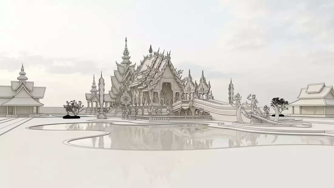 Architektur-Render von Weisser Tempel Chiang Rai in Chiang Rai, Thailand bei Tageslicht