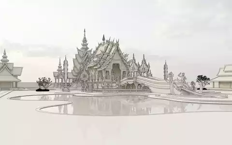 Moderner Architektur-Render zeigt Silhouette von Weisser Tempel Chiang Rai in Chiang Rai Thailand, klare Linien - Foto: THN