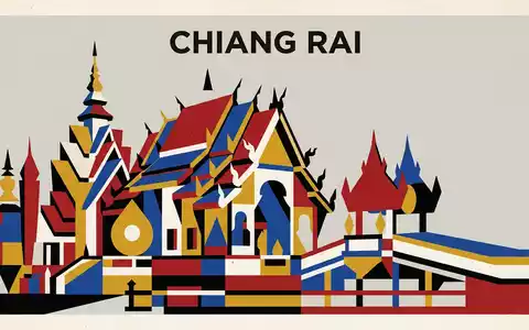 Bauhaus-Poster als geometrische Abstraktion von Weisser Tempel Chiang Rai in Chiang Rai Thailand, kraeftige Grundfarben - Foto: THN