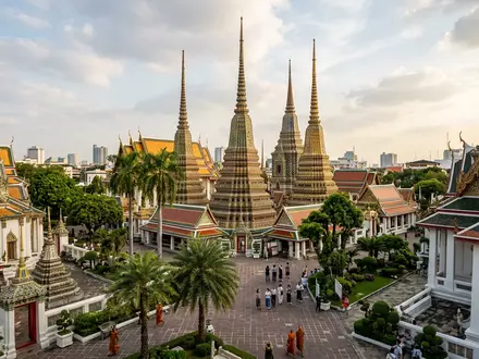Editorialbild im Reisemagazin-Stil vom Wahrzeichen Wat Pho Bangkok in Bangkok Thailand, ausgewogene Bildgestaltung und natuerliches - Foto: THN
