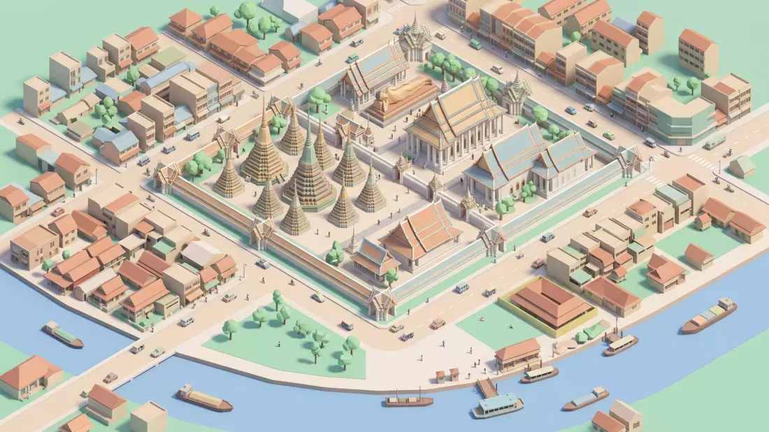 Isometrisches Diorama von Wat Pho Bangkok in Bangkok, Thailand in Pastell
