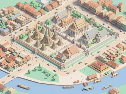 Isometrisches Diorama von Wat Pho Bangkok und Umgebung in Bangkok Thailand, verspielte Low-Poly-Kulisse in Pastellfarben - Foto: THN