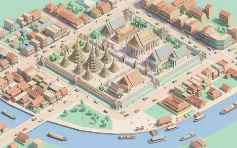 Isometrisches Diorama von Wat Pho Bangkok und Umgebung in Bangkok Thailand, verspielte Low-Poly-Kulisse in Pastellfarben - Foto: THN