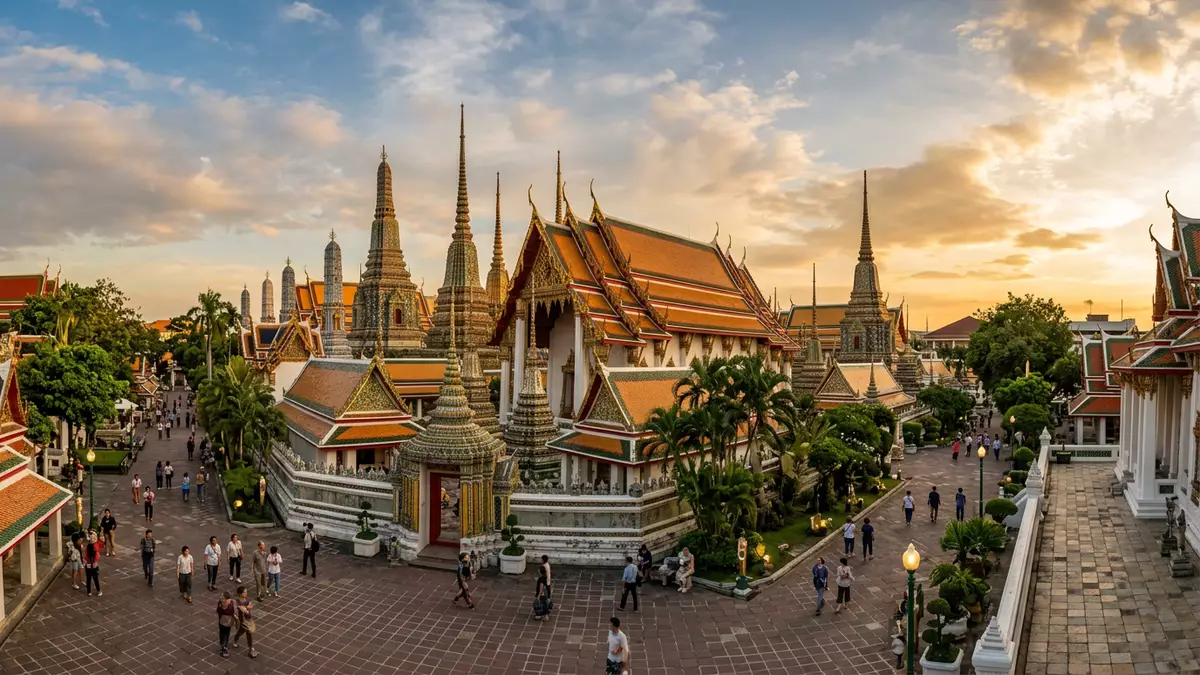 Fotorealistische Ansicht von Wat Pho Bangkok in Bangkok, Thailand im Abendlicht