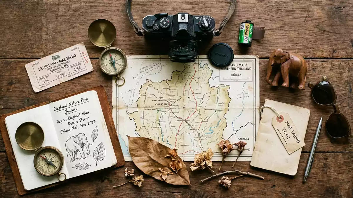 Flatlay-Reise-Arrangement rund um Elephant Nature Park in Chiang Mai, Thailand