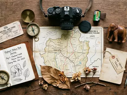 Flatlay-Reise-Arrangement rund um Elephant Nature Park in Chiang Mai Thailand, Karte Kompass Kamera und generische - Foto: THN