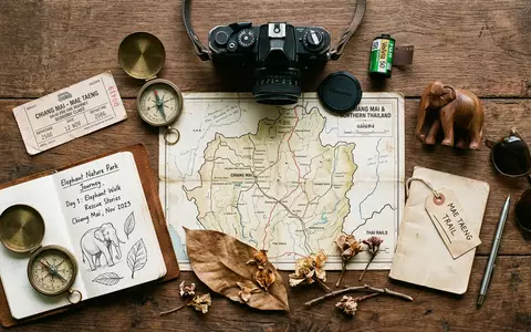 Flatlay-Reise-Arrangement rund um Elephant Nature Park in Chiang Mai Thailand, Karte Kompass Kamera und generische - Foto: THN