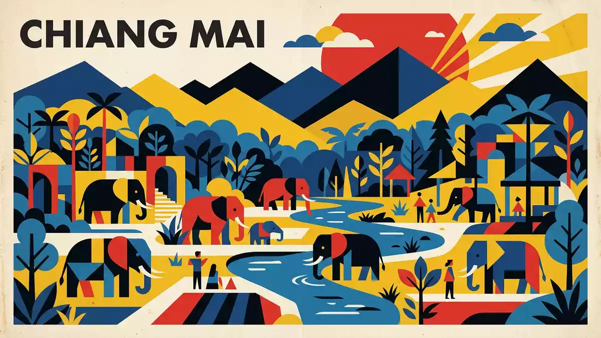 Bauhaus-Poster als Abstraktion von Elephant Nature Park in Chiang Mai, Thailand