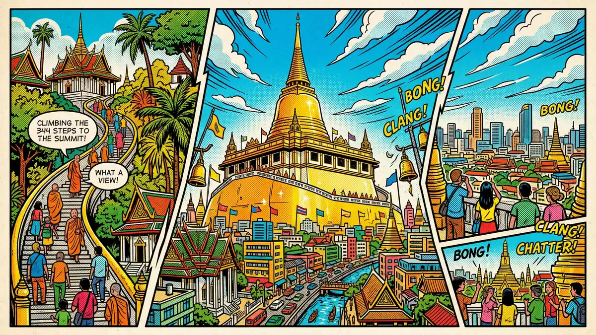 Pop-Art-Comic von Wat Saket Bangkok in Bangkok, Thailand mit Rasterpunkten