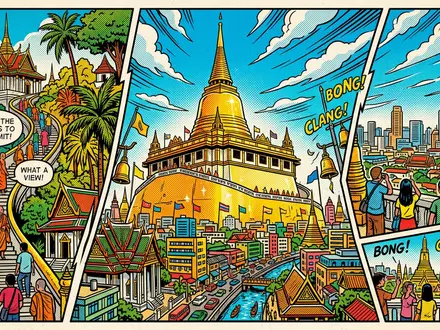 Pop-Art-Comicillustration des Wahrzeichens Wat Saket Bangkok in Bangkok Thailand, kraeftige Konturen Rasterpunkte und satte Farben - Foto: THN