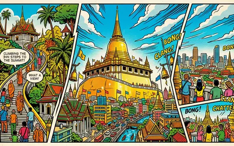 Pop-Art-Comicillustration des Wahrzeichens Wat Saket Bangkok in Bangkok Thailand, kraeftige Konturen Rasterpunkte und satte Farben - Foto: THN