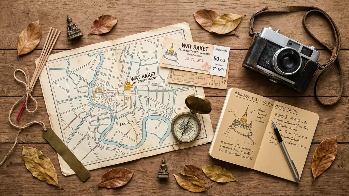 Flatlay-Reise-Arrangement rund um Wat Saket Bangkok in Bangkok, Thailand