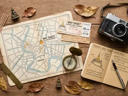 Flatlay-Reise-Arrangement rund um Wat Saket Bangkok in Bangkok Thailand, Karte Kompass Kamera und generische Reiserequisiten - Foto: THN