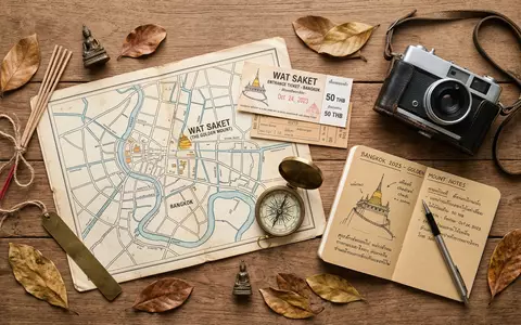 Flatlay-Reise-Arrangement rund um Wat Saket Bangkok in Bangkok Thailand, Karte Kompass Kamera und generische Reiserequisiten - Foto: THN