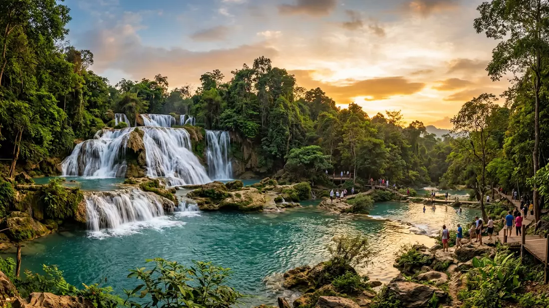 Fotorealistische Ansicht von Erawan-Wasserfall in Kanchanaburi, Thailand im Abendlicht