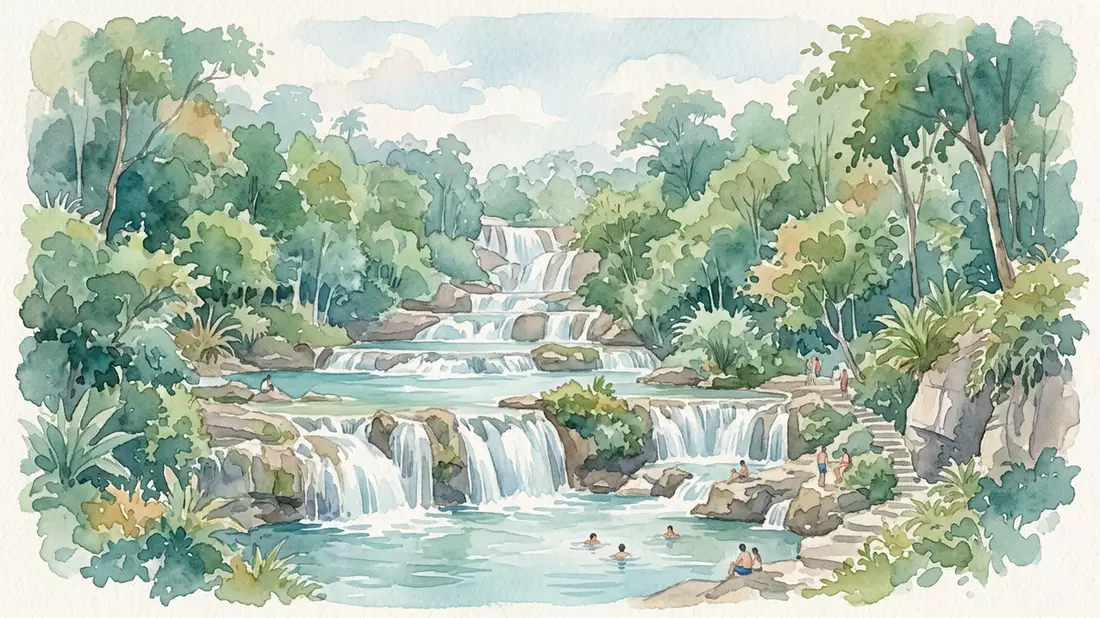 Aquarell-Illustration von Erawan-Wasserfall in Kanchanaburi, Thailand als Reiseposter
