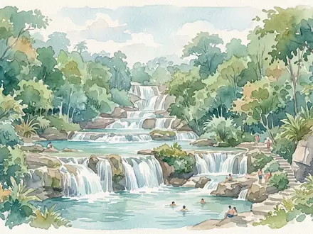 Aquarellillustration des Wahrzeichens Erawan-Wasserfall in Kanchanaburi Thailand, weiche Farbverläufe und pastelliges Reiseposter-Feeling - Foto: THN