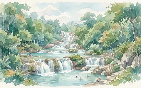 Aquarellillustration des Wahrzeichens Erawan-Wasserfall in Kanchanaburi Thailand, weiche Farbverläufe und pastelliges Reiseposter-Feeling - Foto: THN