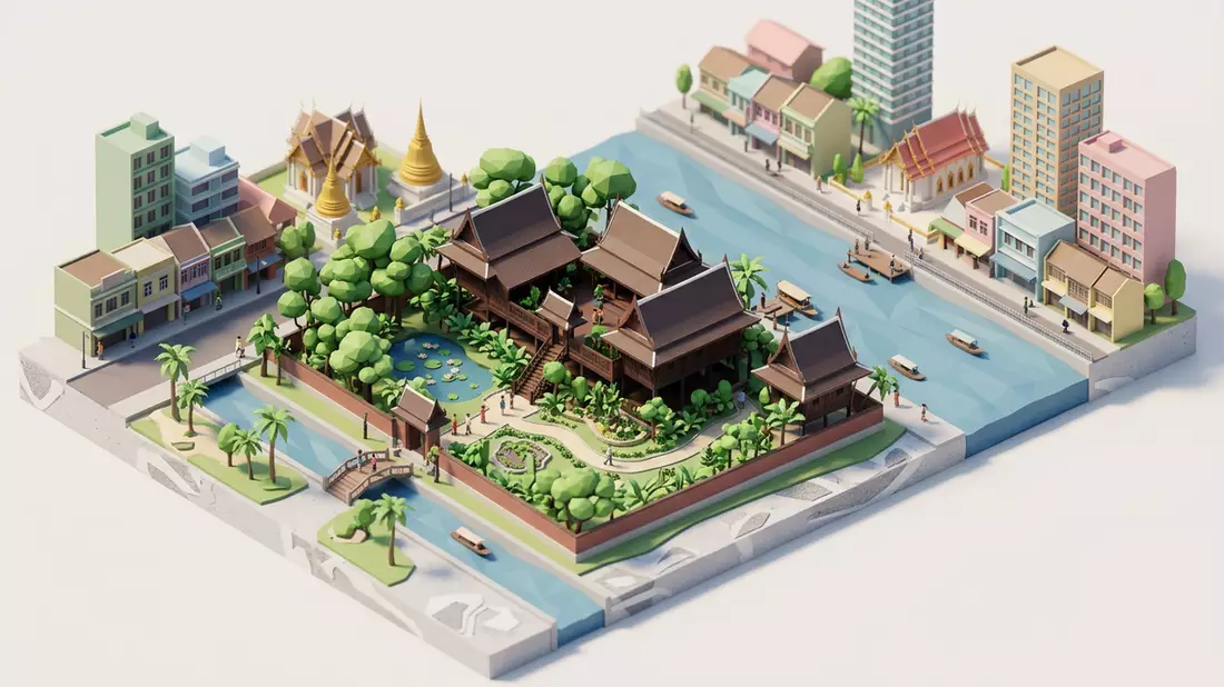 Isometrisches Diorama von Jim-Thompson-Haus in Bangkok, Thailand in Pastell