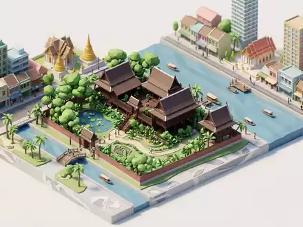 Isometrisches Diorama von Jim-Thompson-Haus und Umgebung in Bangkok Thailand, verspielte Low-Poly-Kulisse in Pastellfarben - Foto: THN