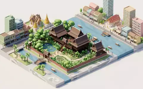 Isometrisches Diorama von Jim-Thompson-Haus und Umgebung in Bangkok Thailand, verspielte Low-Poly-Kulisse in Pastellfarben - Foto: THN