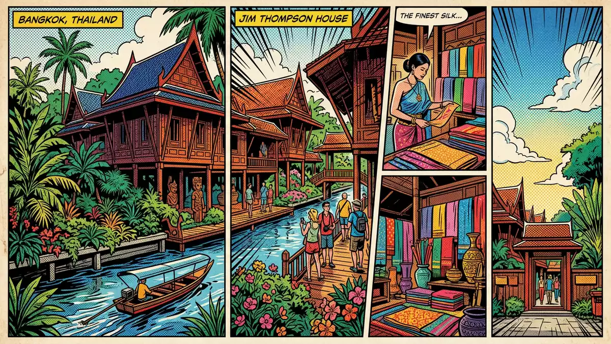 Pop-Art-Comic von Jim-Thompson-Haus in Bangkok, Thailand mit Rasterpunkten