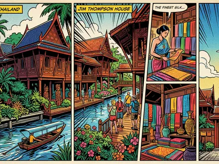 Pop-Art-Comicillustration des Wahrzeichens Jim-Thompson-Haus in Bangkok Thailand, kraeftige Konturen Rasterpunkte und satte Farben - Foto: THN