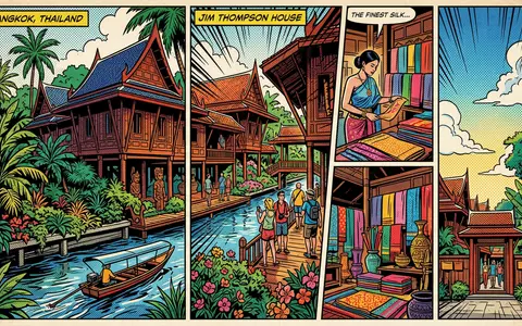 Pop-Art-Comicillustration des Wahrzeichens Jim-Thompson-Haus in Bangkok Thailand, kraeftige Konturen Rasterpunkte und satte Farben - Foto: THN