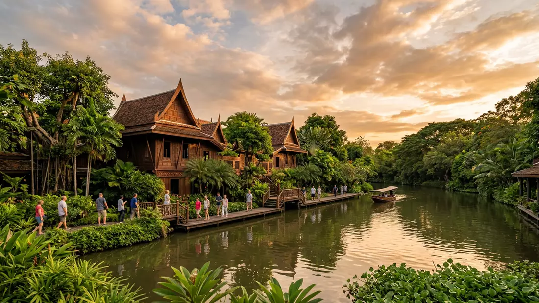 Fotorealistische Ansicht von Jim-Thompson-Haus in Bangkok, Thailand im Abendlicht