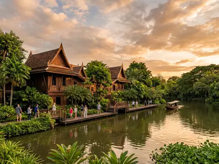 Fotorealistische Panoramaaufnahme von Jim-Thompson-Haus in Bangkok Thailand, warmes Abendlicht auf Wahrzeichen im Reisemotiv - Foto: THN