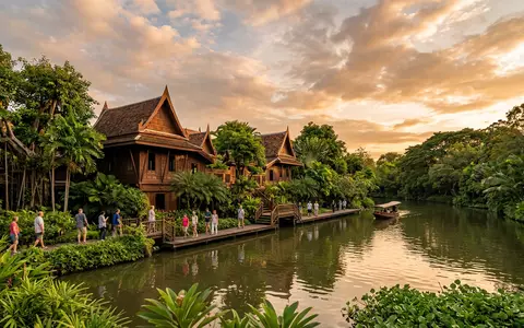 Fotorealistische Panoramaaufnahme von Jim-Thompson-Haus in Bangkok Thailand, warmes Abendlicht auf Wahrzeichen im Reisemotiv - Foto: THN