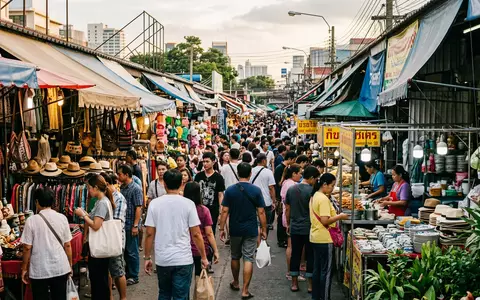 Editorialbild im Reisemagazin-Stil vom Wahrzeichen Chatuchak-Markt in Bangkok Thailand, ausgewogene Bildgestaltung und natuerliches Umgebungslicht - Foto: THN