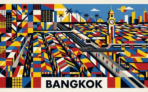 Bauhaus-Poster als geometrische Abstraktion von Chatuchak-Markt in Bangkok Thailand, kraeftige Grundfarben und harte Formkanten - Foto: THN
